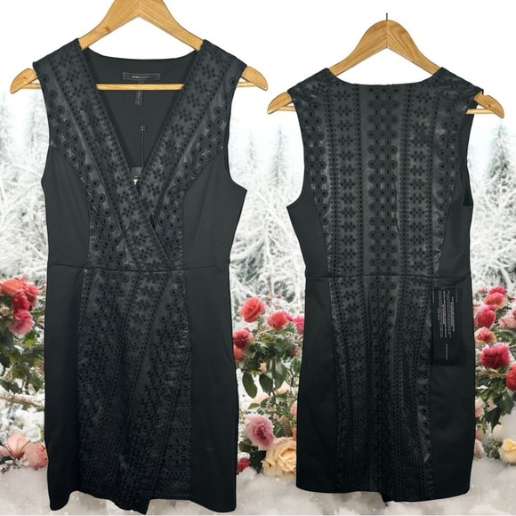 BCBGMaxazria women's embroidered faux leather black mini dress Small NWT - Picture 1 of 6